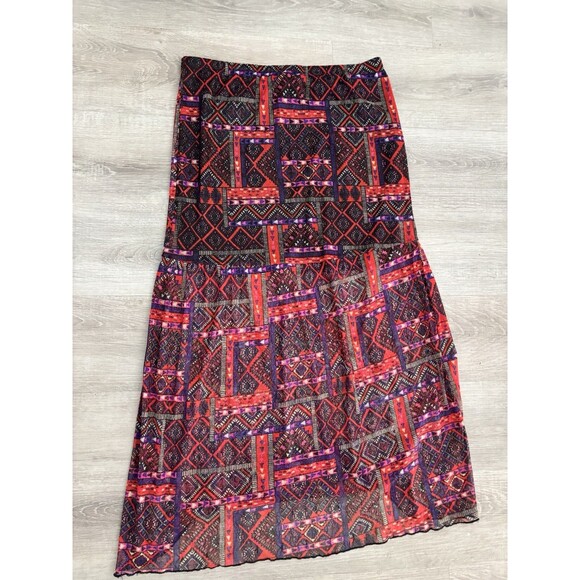 Vtg Y2K Boho tribal ethnic Geo Red Purple Mesh maxi skirt partially lined Sz. xl - Picture 5 of 10